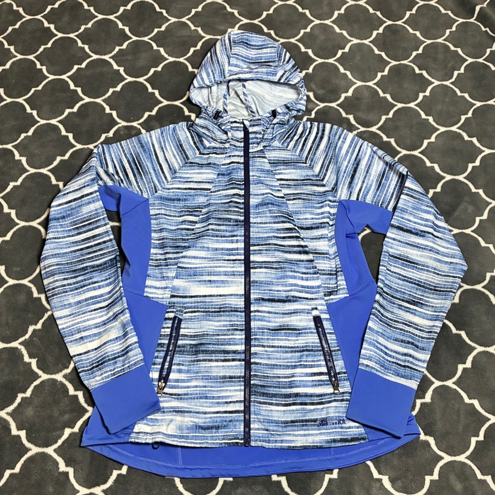 Marmot Womens Large Blue White Striped Full Zip Hooded Hiking Jacket Lightweight